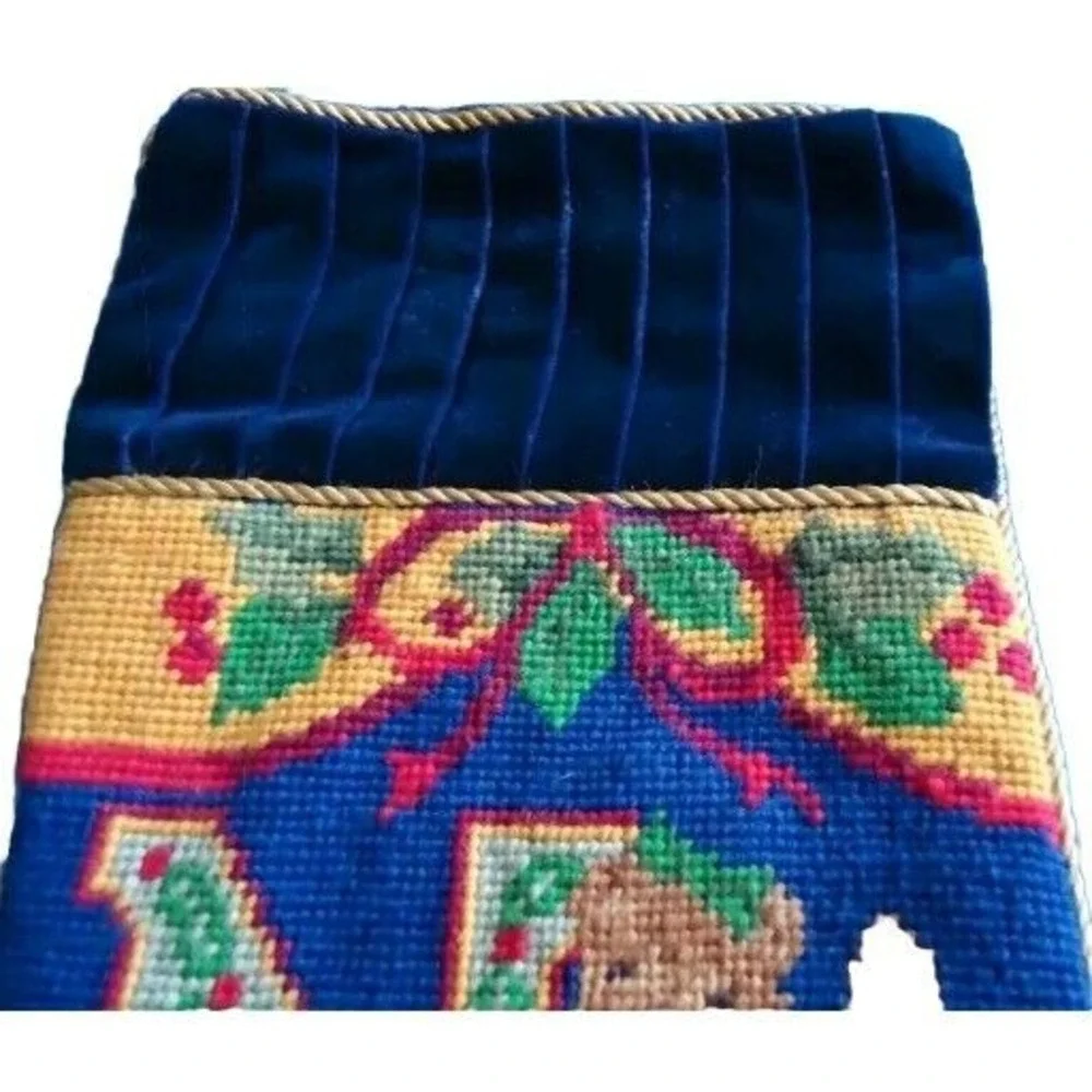 Christmas Stocking Needlepnt NOEL Bears‎ Navy Blue Velvet Gold Trim X Stitch EUC